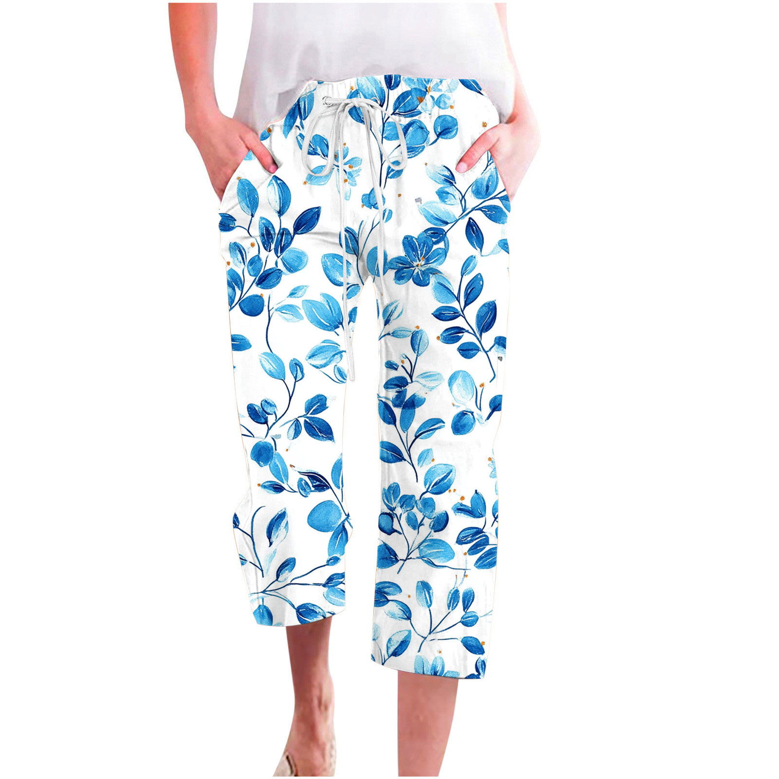 Hvot\u0026aat Womens Summer Trendy Printed Pants Casual Comfort Soft Linen Pants Elastic Drawstring Wide Leg Pants with Pockets
